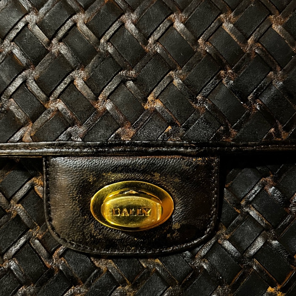 Bally Vintage Woven Leather Clutch Black Gold Turn Lock Italy - Picture 2 of 16